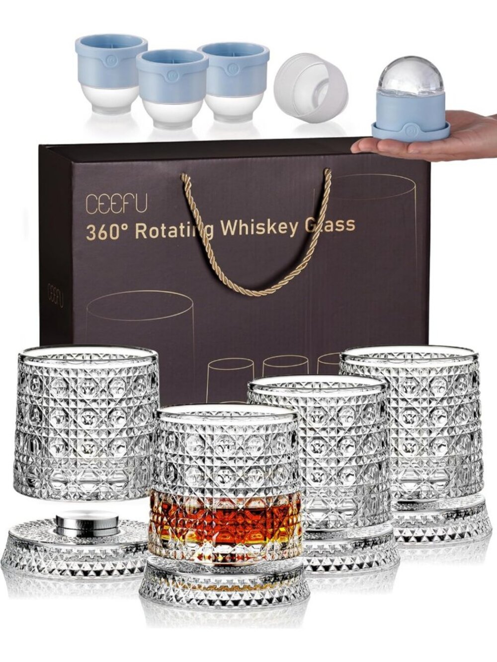 Set of 4 360° Spinning Whiskey Glasses with Elegant Gift Box - Perfect for